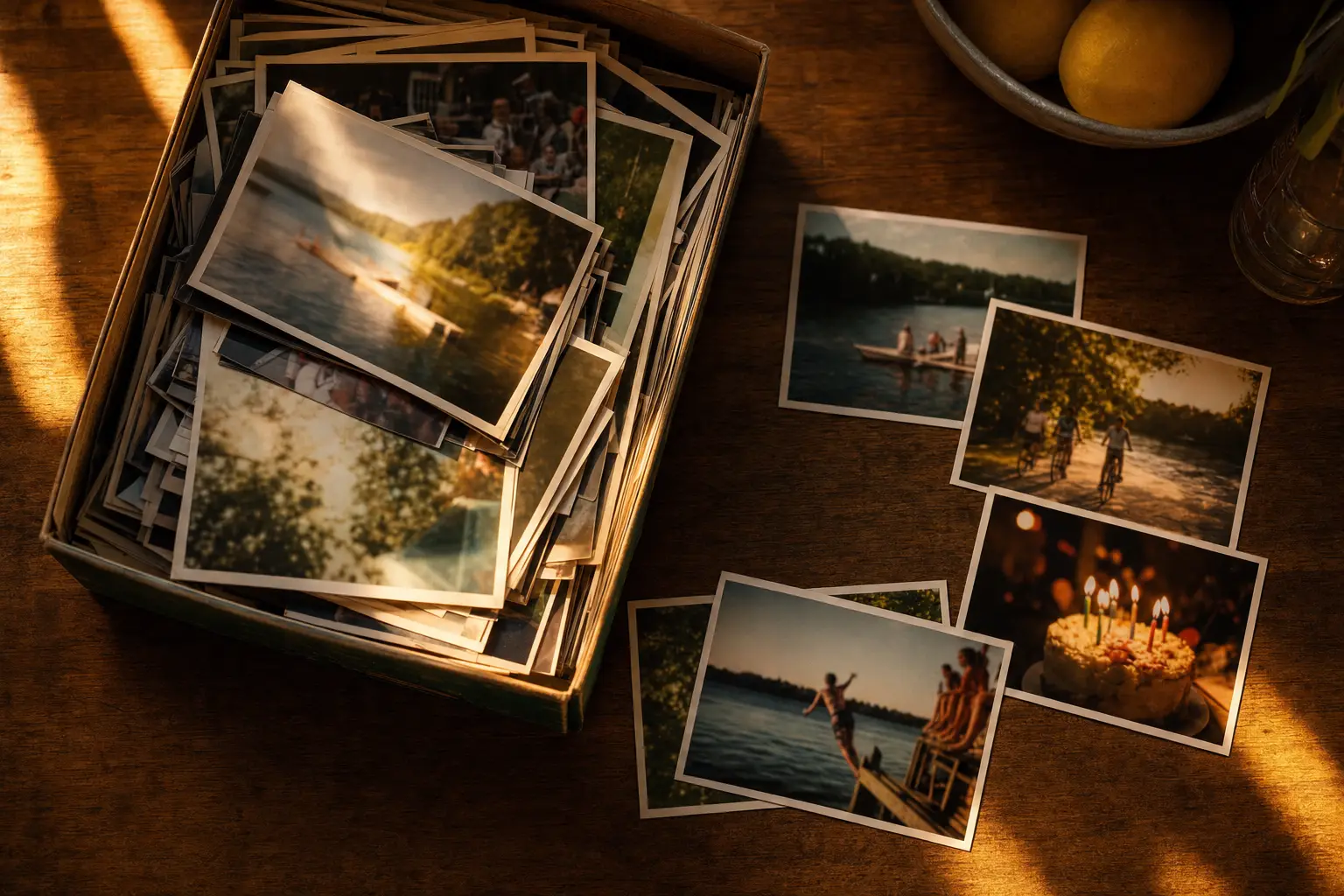 A shoebox of old glossy photo prints spilling onto a wooden table in warm afternoon light