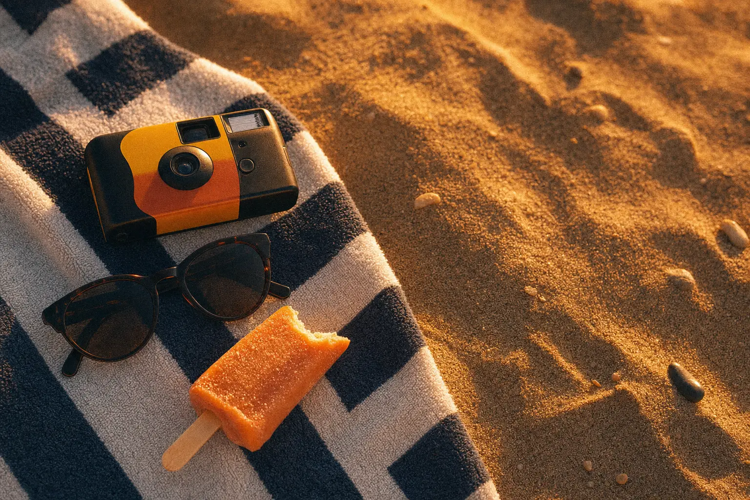 An unbranded plastic disposable camera on a striped beach towel next to sunglasses in golden hour light