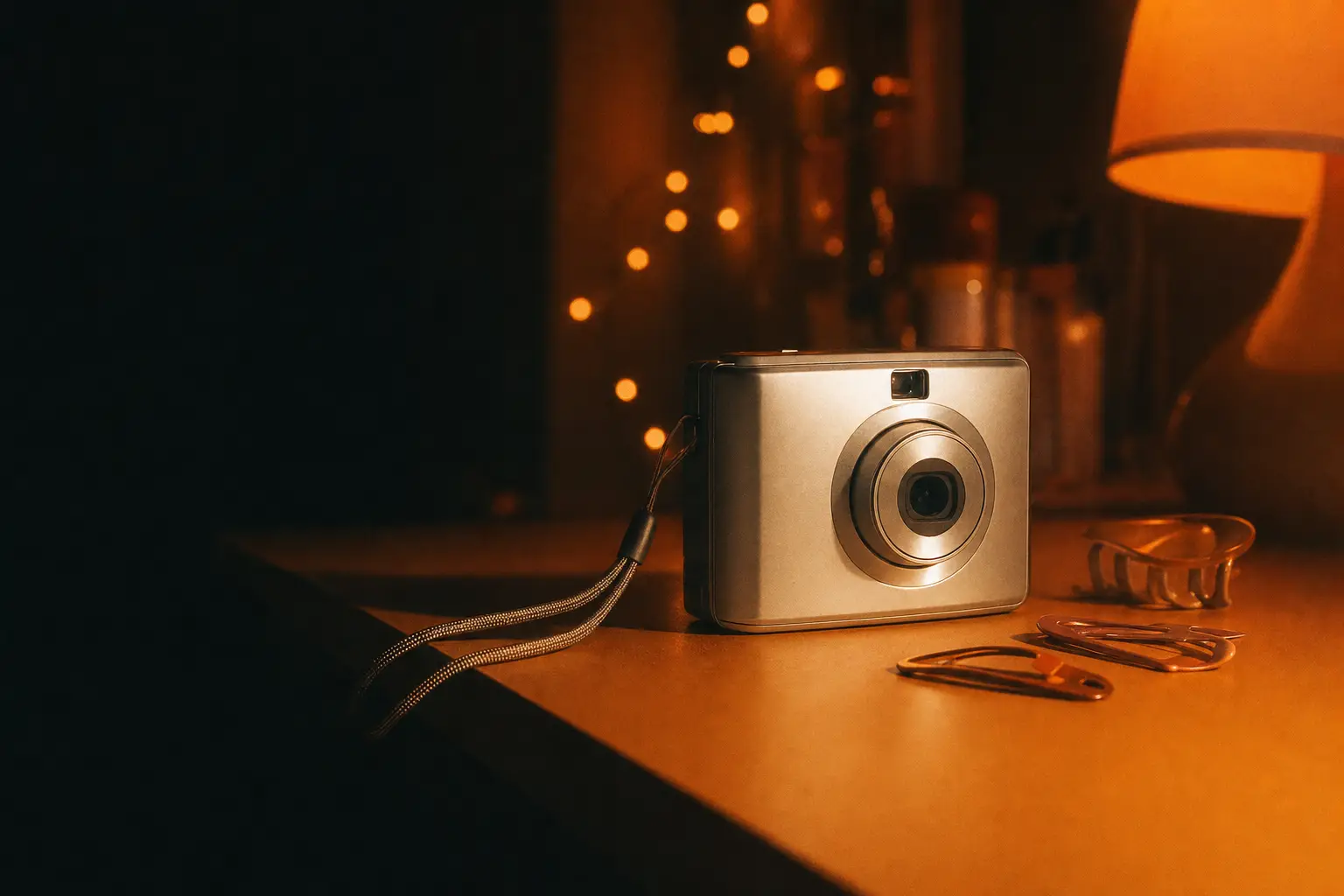 A small silver compact digital camera on a bedroom dresser at night beside hair clips, with fairy lights glowing behind