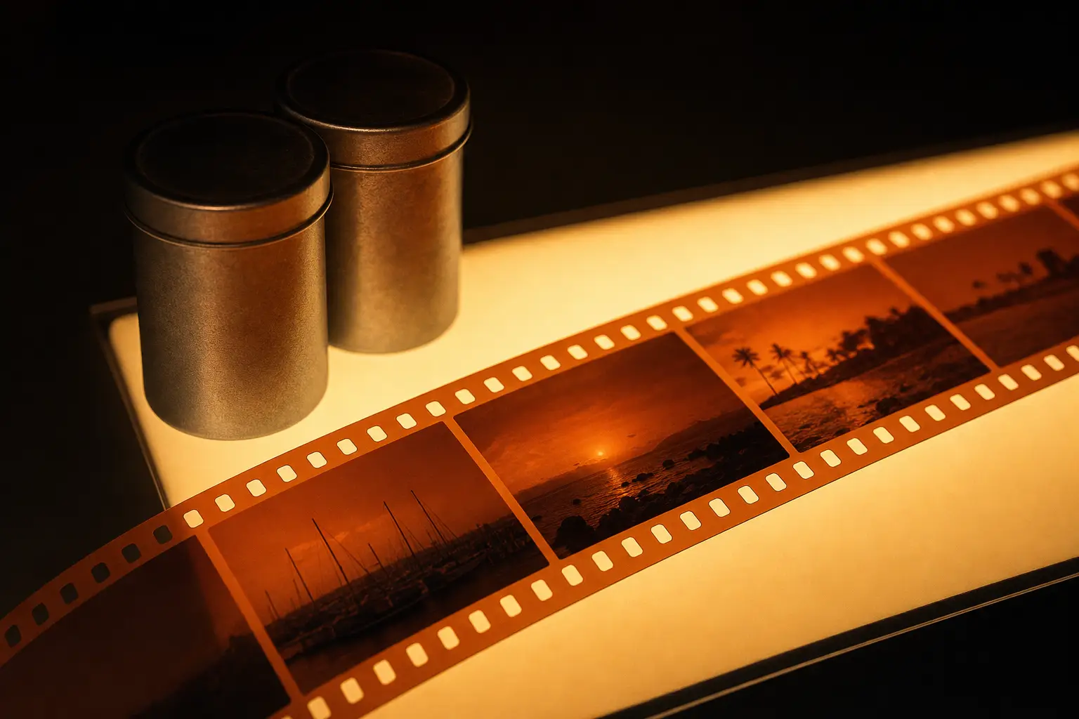 A strip of orange 35mm color negatives and two metal film canisters on a glowing light box
