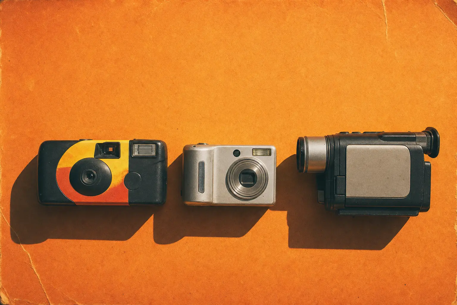 A plastic disposable camera, a silver compact digital camera and a 1990s camcorder lined up on orange paper