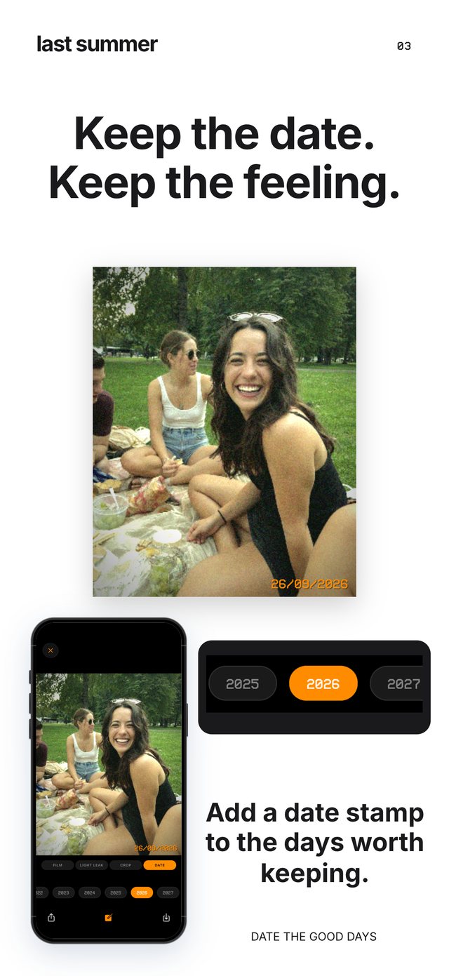 A picnic in the park with an orange 26/09/2026 date stamp and the year picker in Last Summer