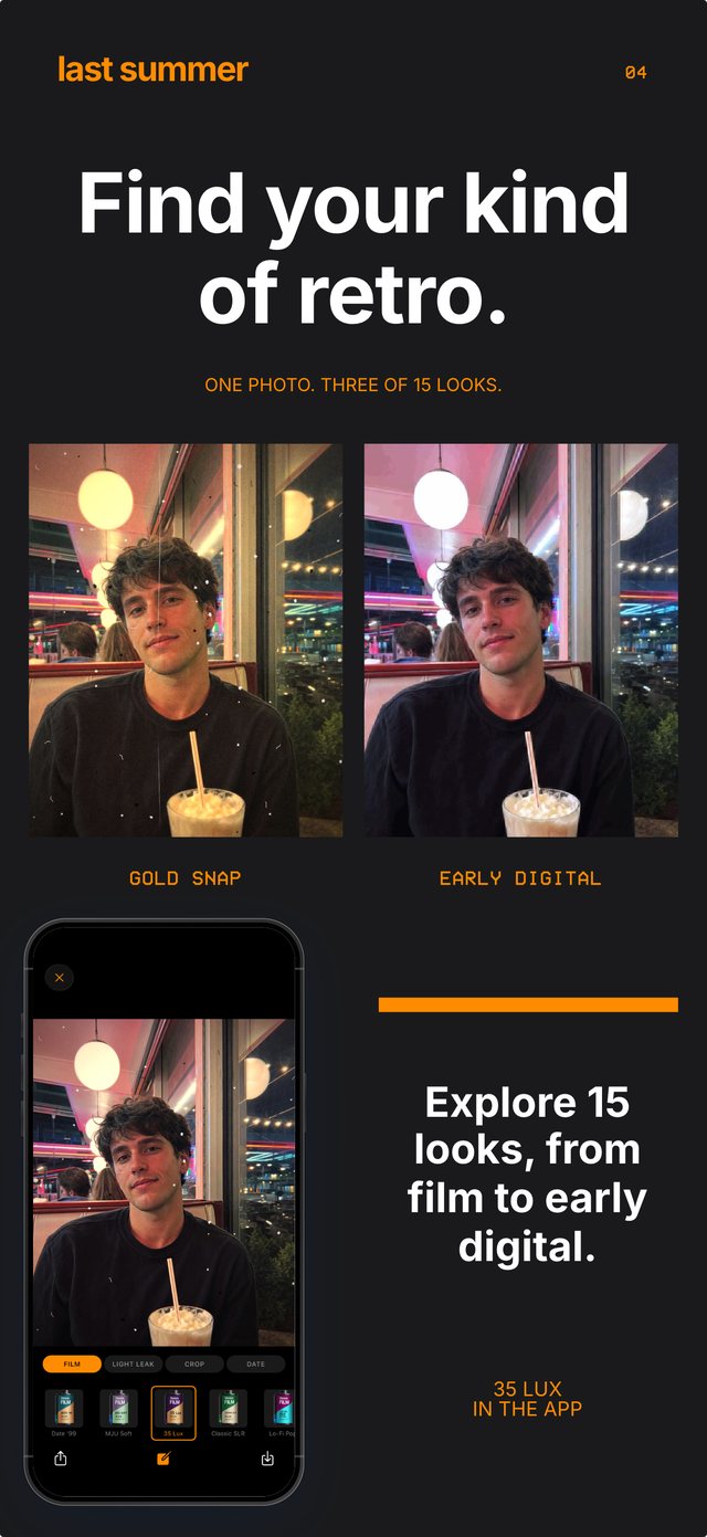 The same diner portrait on Gold Snap and Early Digital, with the 35 Lux roll open in the app