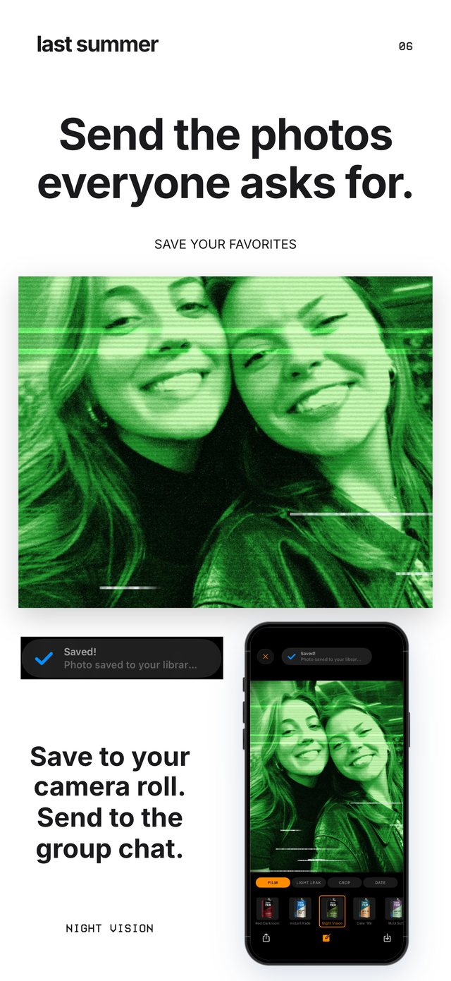A Night Vision selfie in the back of a car, saved to the camera roll from Last Summer