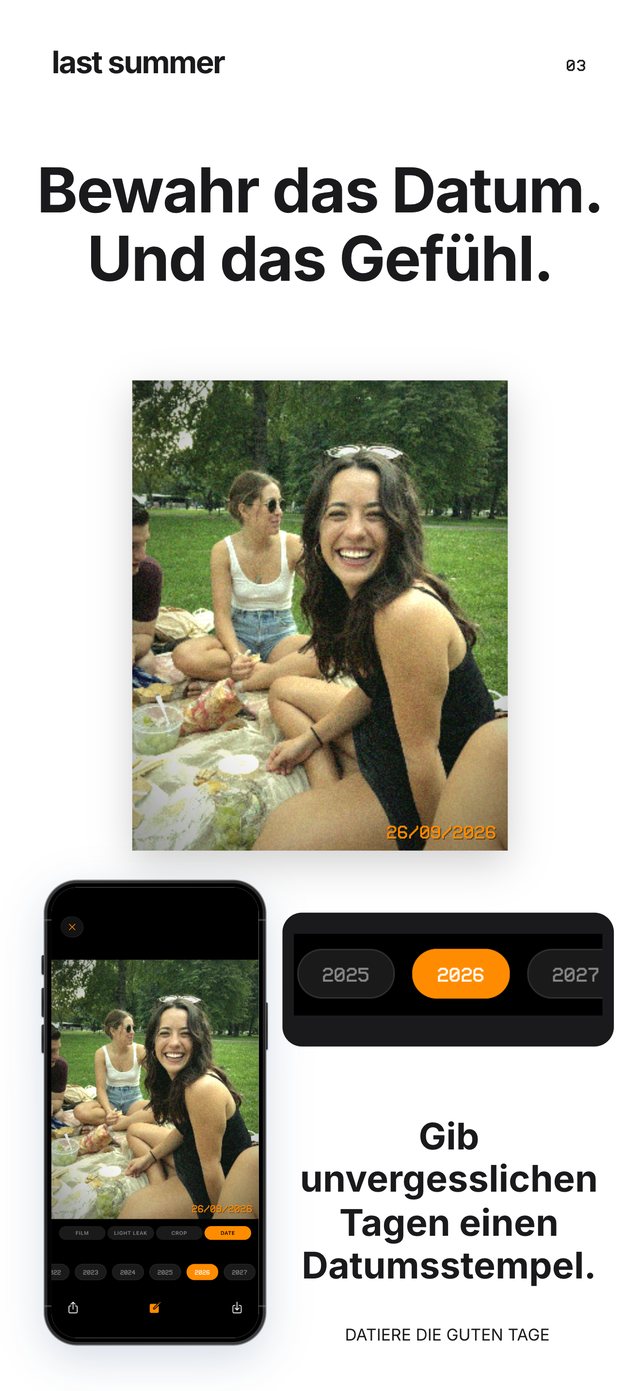 Ein Picknick im Park mit orangem Datumsstempel 26/09/2026, darunter die Jahresauswahl