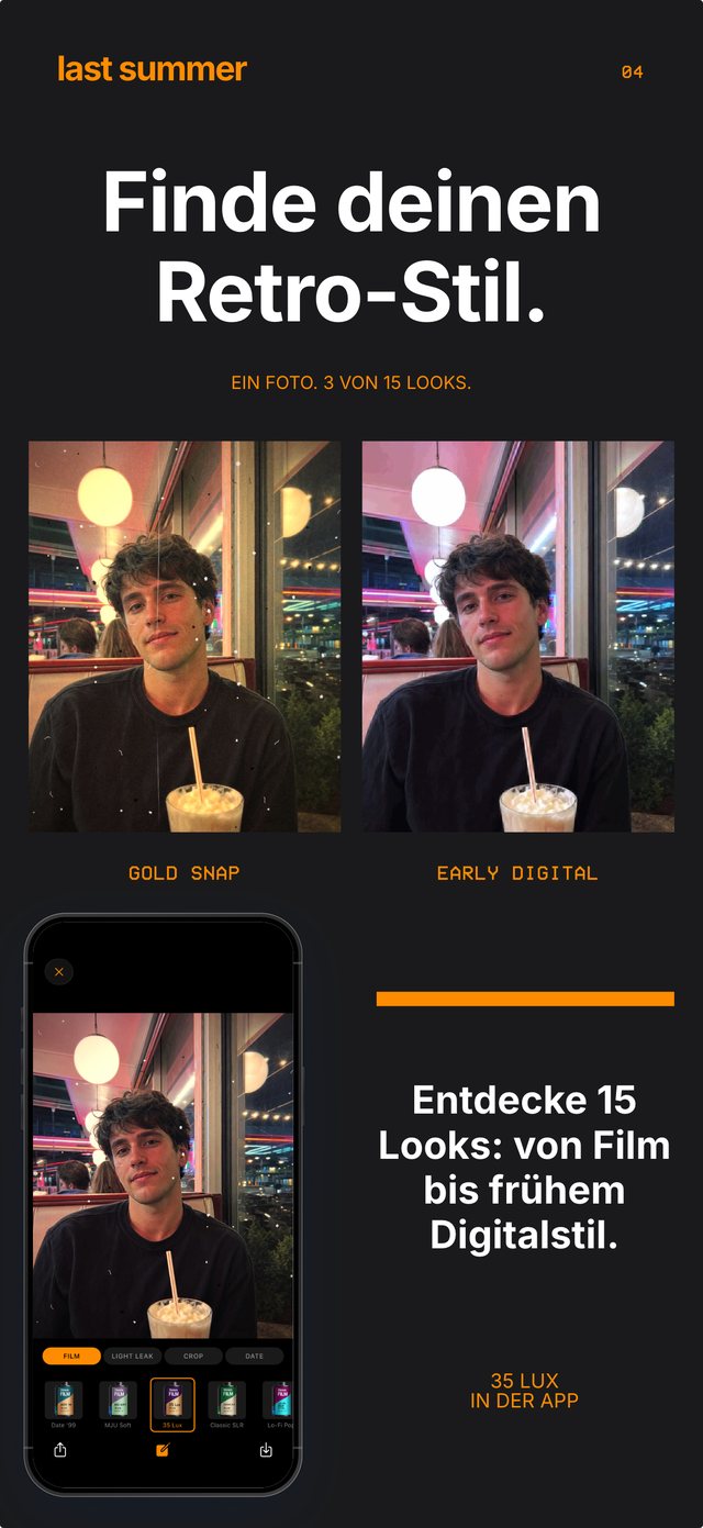 Dasselbe Diner-Porträt mit Gold Snap und mit Early Digital, in der App ist der Film 35 Lux geöffnet