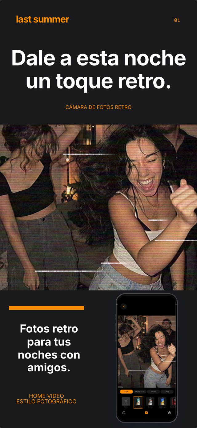 Amigos bailando en una fiesta en casa con el carrete Home Video, junto a la pantalla de cámara de Last Summer