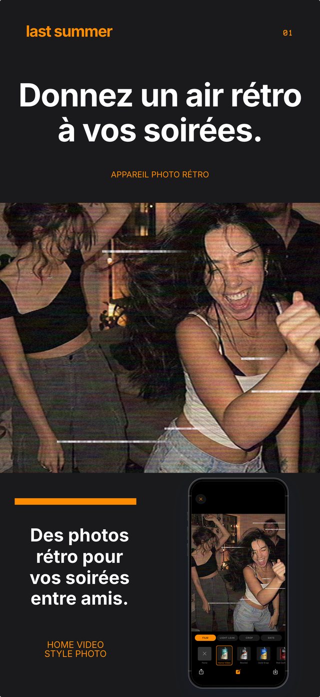 Des amis dansent dans une soirée avec la pellicule Home Video, à côté de l'écran appareil photo de Last Summer