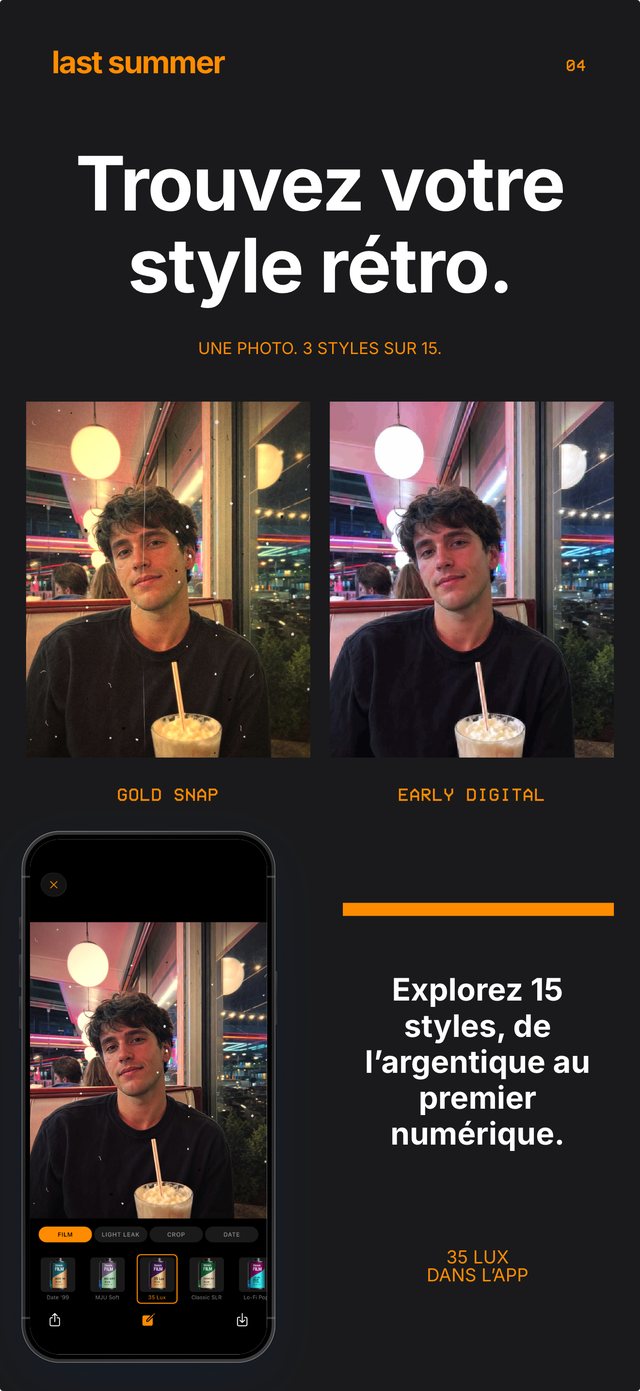 Le même portrait dans un diner pris sur Gold Snap et sur Early Digital, avec la pellicule 35 Lux ouverte dans l'app
