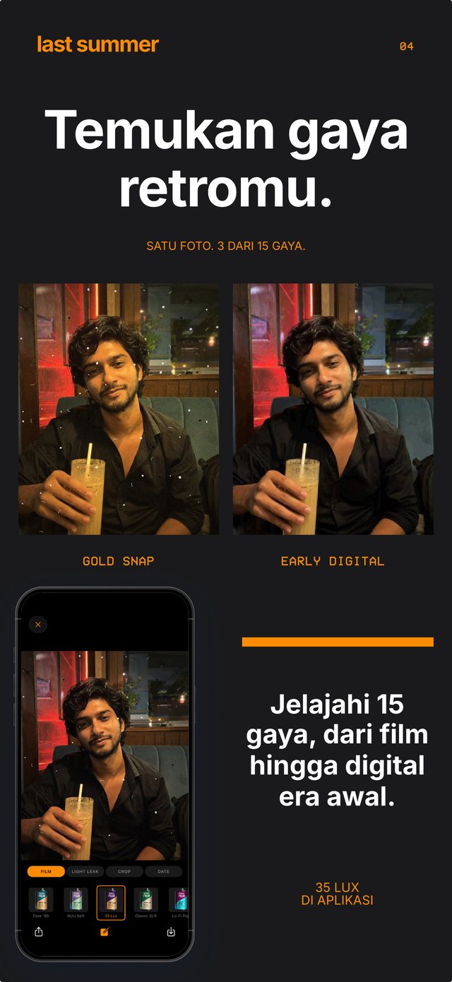 Potret diner yang sama dipotret dengan Gold Snap dan Early Digital, dengan rol 35 Lux terbuka di aplikasi