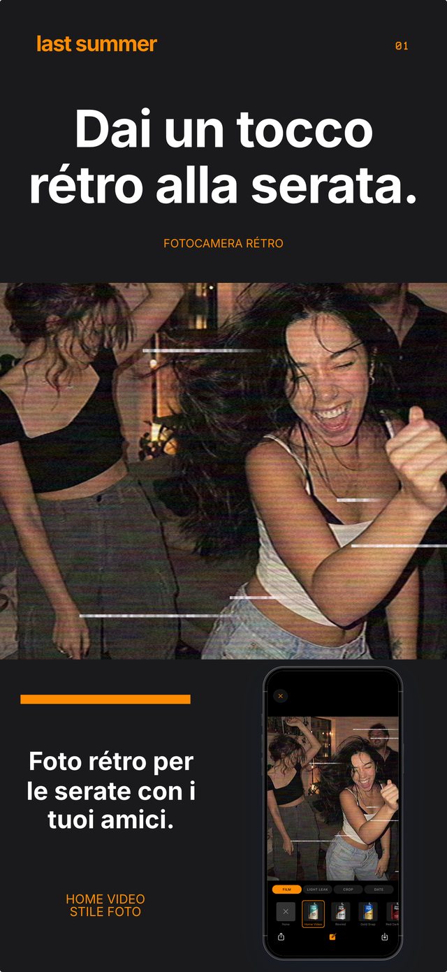 Amici che ballano a una festa in casa con il rullino Home Video, accanto alla schermata della fotocamera di Last Summer