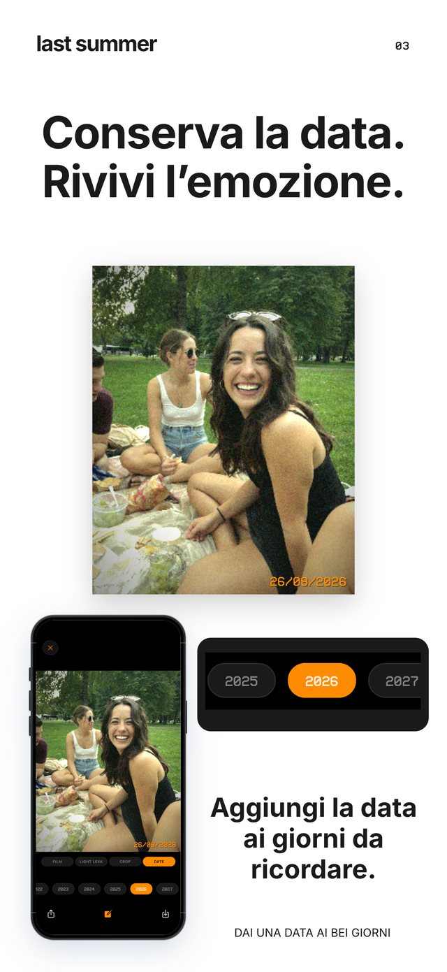 Un picnic al parco con la data arancione 26/09/2026 e il selettore dell'anno sotto