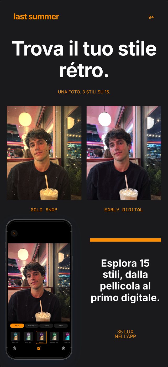 Lo stesso ritratto nel diner scattato con Gold Snap e con Early Digital, con il rullino 35 Lux aperto nell'app