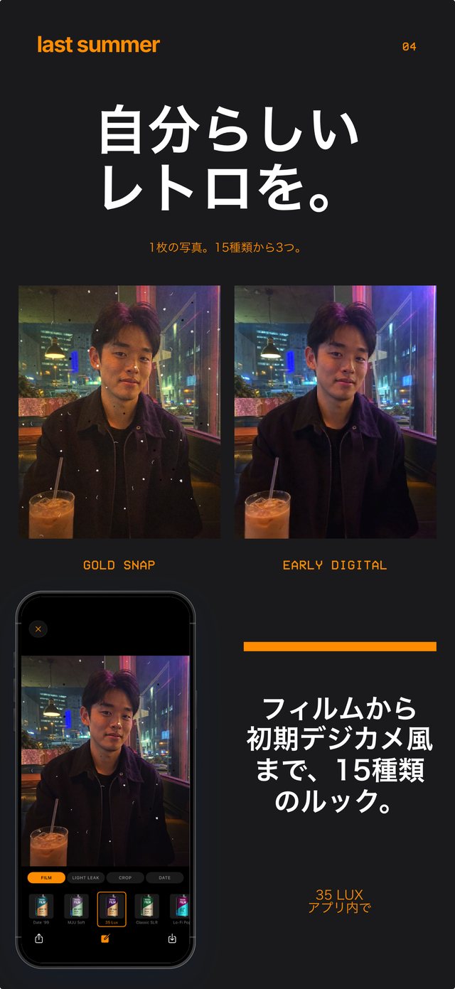 Gold SnapとEarly Digitalで撮った同じダイナーのポートレートと、アプリで開いた35 Lux