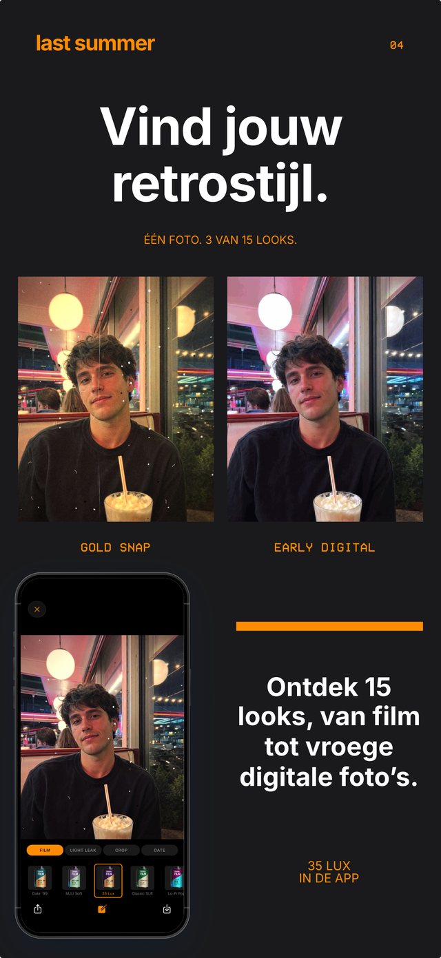 Hetzelfde portret in een diner met Gold Snap en met Early Digital, met de filmrol 35 Lux geopend in de app