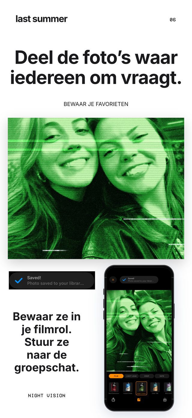 Een Night Vision-selfie op de achterbank van een auto, vanuit Last Summer bewaard in de filmrol