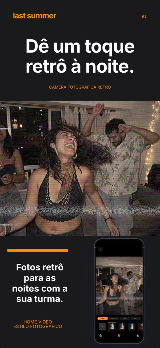 Amigos dançando em uma festa em casa com o rolo Home Video, ao lado da tela da câmera do Last Summer