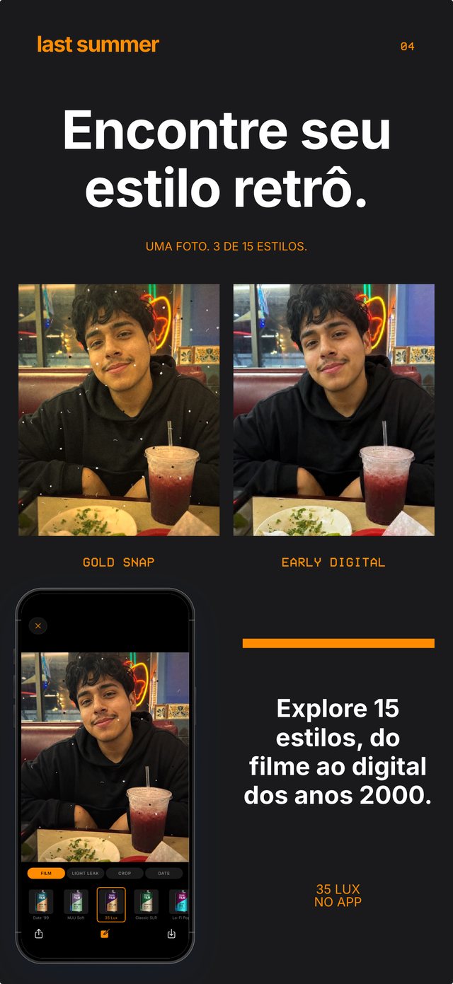 O mesmo retrato na lanchonete com Gold Snap e com Early Digital, com o rolo 35 Lux aberto no app