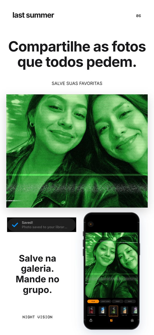 Uma selfie Night Vision no banco de trás de um carro, salva na galeria pelo Last Summer